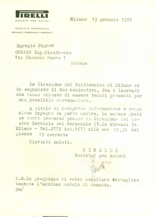 1951 MILANO Società PIRELLI invita candidato a un colloquio *Lettera
