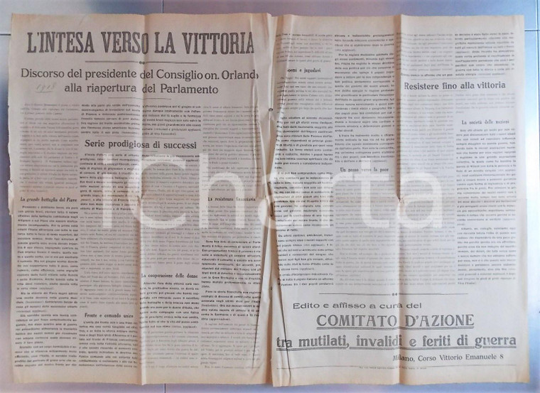 1918 WW1 Vittorio Emanuele ORLANDO Intesa verso la Vittoria Manifesto cm 83 x 58
