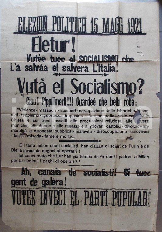 1921 MILANO ELEZIONI POLITICHE Propaganda Partito Popolare in dialetto milanese