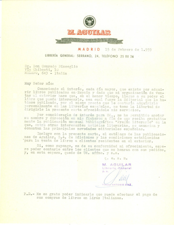 1959 MADRID (SPAGNA) Editor - Librero M. AGUILAR invia catalogo editoriale