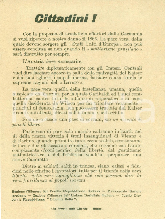 1918 MILANO PROPAGANDA WW1 Si parlerà di pace dopo sconfitta del REICH Volantino