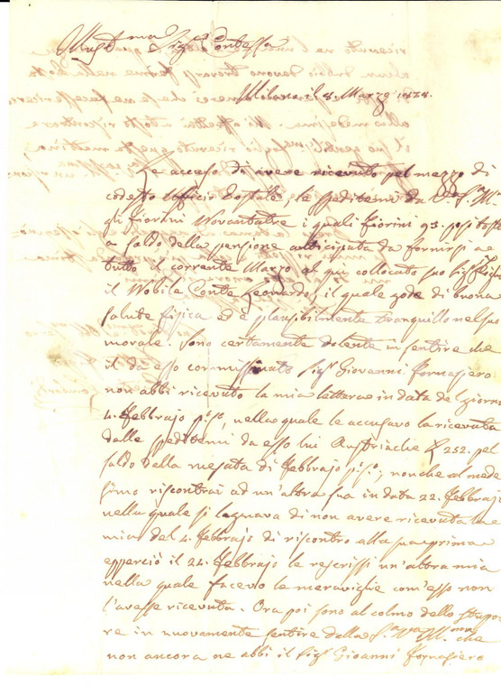 1838 MILANO Pietro LOMBARDI riceve retta per il conte Leonardo LABIA *Lettera