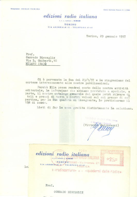 1957 TORINO Edizioni Radio Italiana ERI Vittorio MALINVERNI Lettera AUTOGRAFO