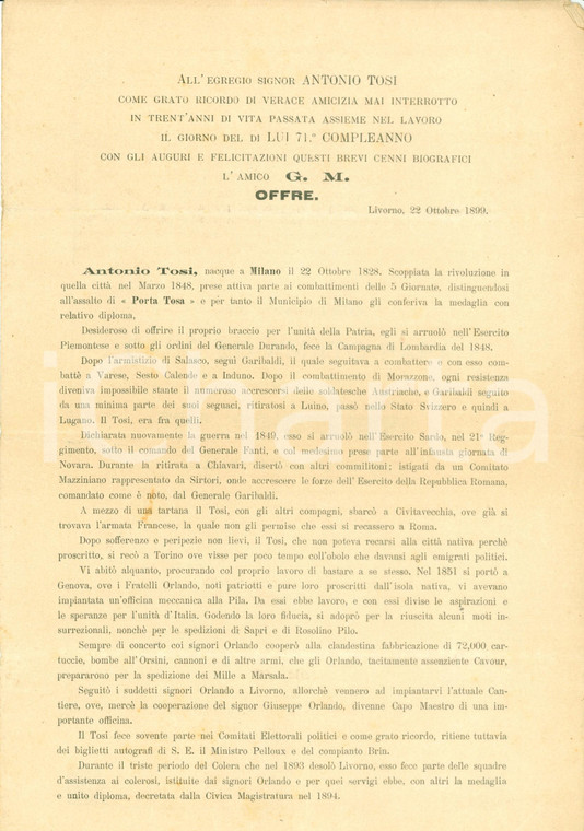 1899 LIVORNO Per 70° compleanno Antonio TOSI patriota CINQUE GIORNATE DI MILANO