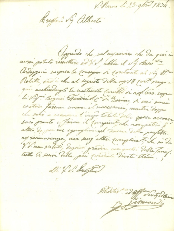 1834 SANREMO (IM) Alberto NOTA riceve cambiale da GISMONDI *Prefilatelica