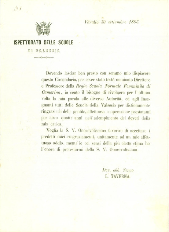 1863 VARALLO VC Luigi TAVERNA  nuovo Direttore Scuola Normale Femminile CAMERINO