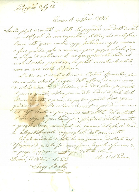1825 NEBBIUNO (NO) Avvocato Luigi BOTTA guarito dalla febbre riprende il lavoro