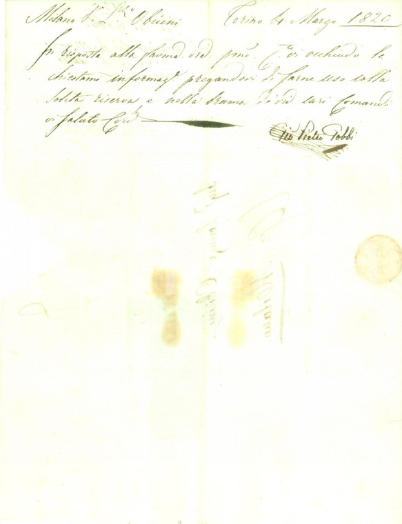 1820 TORINO Giovanni Pietro GOBBI chiede discrezione a Lorenzo OBICINI *Lettera