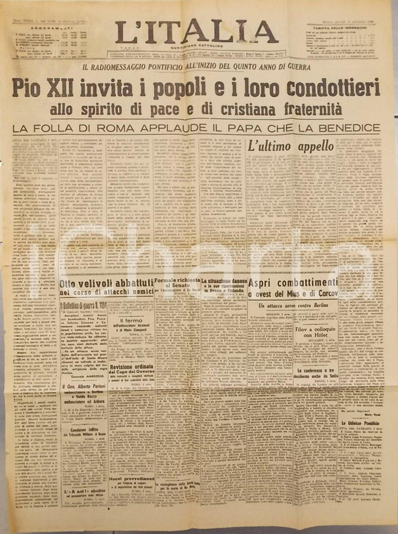 1943 WW2 L'ITALIA Radiomessaggio PIO XII invita a pace e fraternità *Giornale