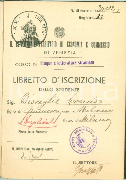 1944 VENEZIA Istituto Economia e Commercio Firme AUTOGRAFE Franco MEREGALLI