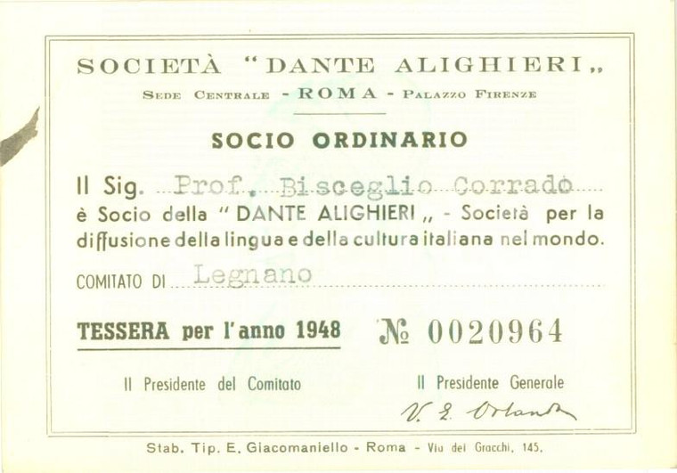 1948 LEGNANO (MI) Società DANTE ALIGHIERI Tessera di socio ordinario