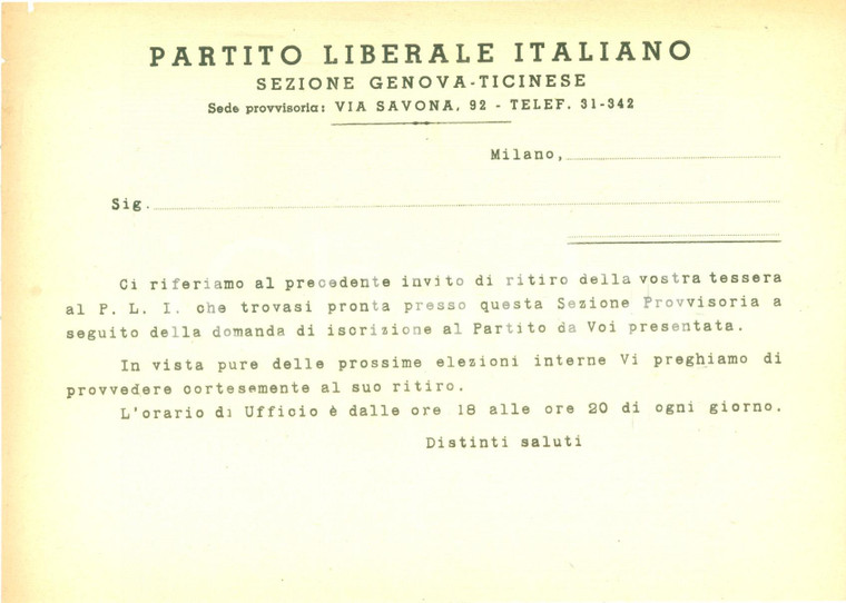 1960 ca MILANO Ritiro tessera PARTITO LIBERALE ITALIANO Sezione GENOVA-TICINESE