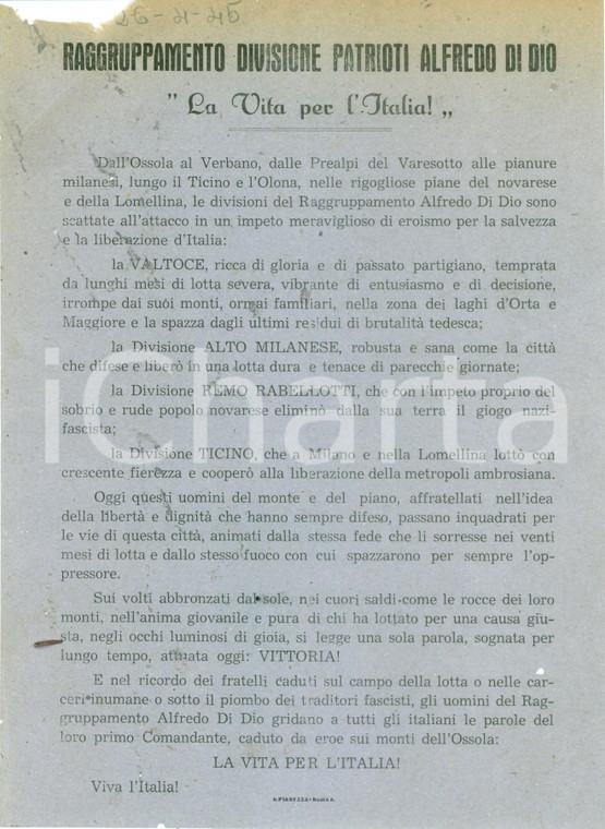 26 APRILE 1945 Patrioti ALFREDO DI DIO hanno combattuto per la libertà VOLANTINO