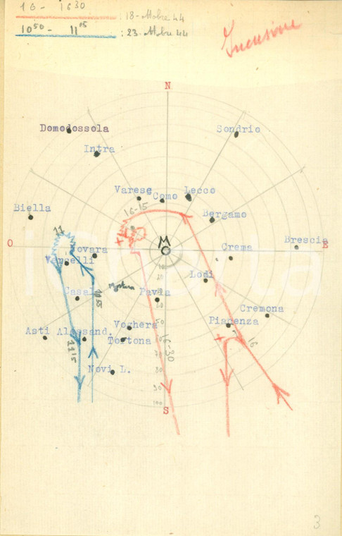 OTTOBRE 1944 LOMBARDIA RSI WW2 Mappa incursioni aeree Alleati DISEGNATA A MANO