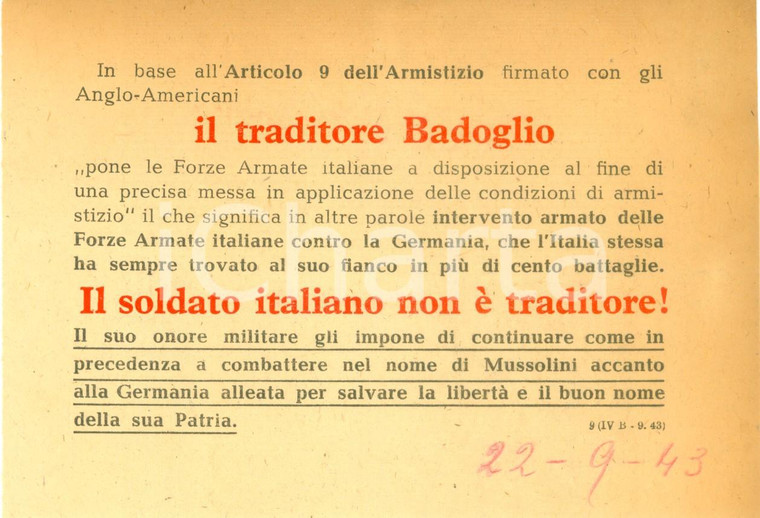 1943 WW2 PROPAGANDA AEREA RSI Pietro BADOGLIO è traditore ma soldato italiano no