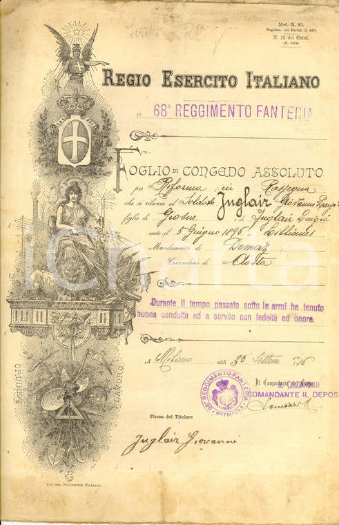 1916 WW1 MILANO Congedo assoluto Giovanni INGLAIR del 68° Reggimento Fanteria