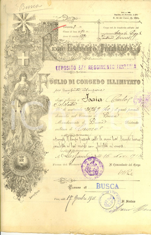 1911 ALESSANDRIA Congedo illimitato Carlo ISAIA Deposito 37° Reggimento Fanteria