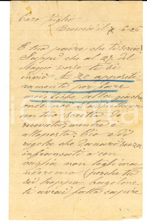 1926 BRESCIA Giulio BORGHETTI rimprovera il figlio soldato bagolone *Lettera
