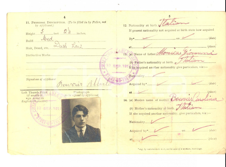 1917  STOKE-ON-TRENT (UK) Libretto d'identità emigrato italiano Alberto BOUVIER