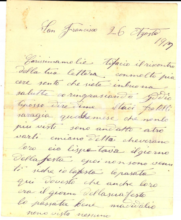 1919 SAN FRANCISCO (USA) Emigrato italiano felice della vita in America *Lettera