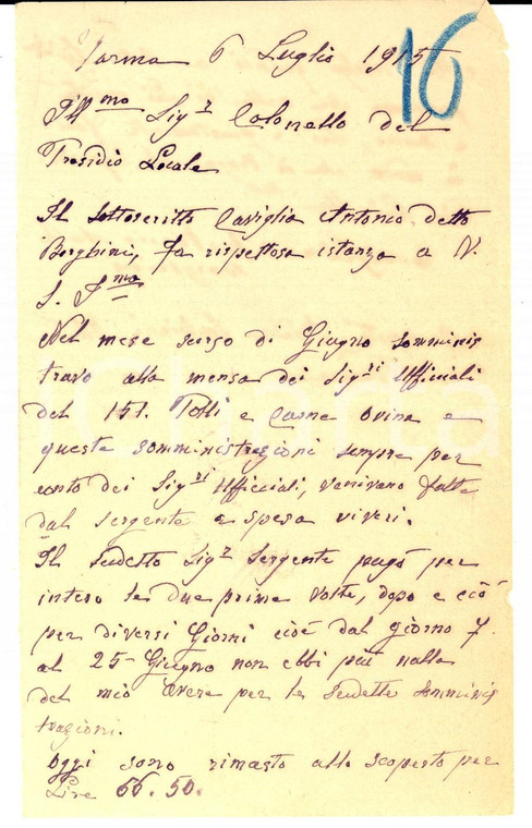 1915 PARMA Antonio CAVIGLIA chiede rimborso per i polli della mensa ufficiali