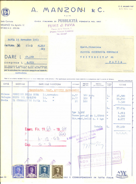 1963 PAVIA Casa italiana di pubblicità A. MANZONI & C. *Fattura intestata