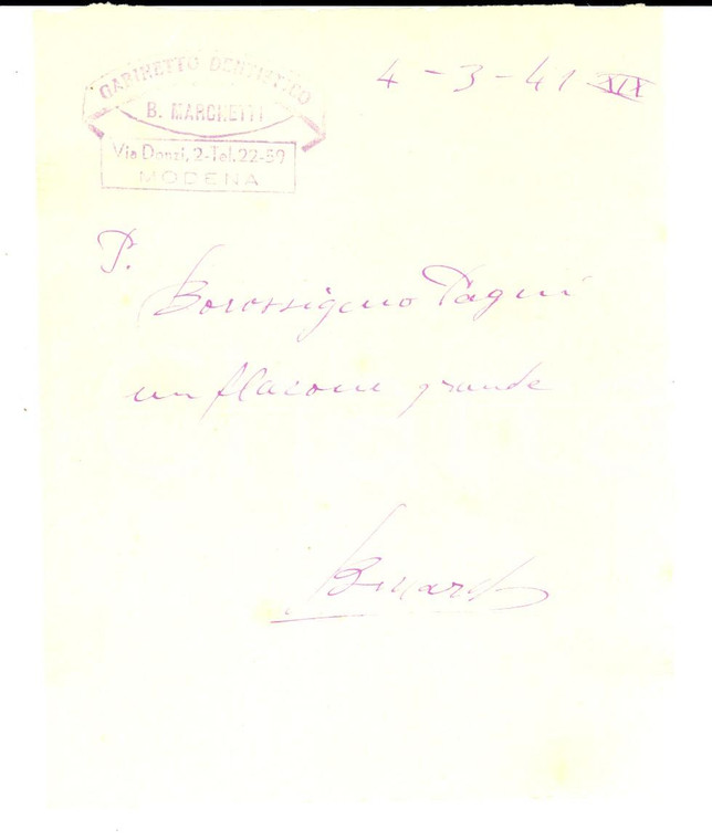 1941 MODENA Gabinetto dentistico B. MARCHETTI - Ricevuta