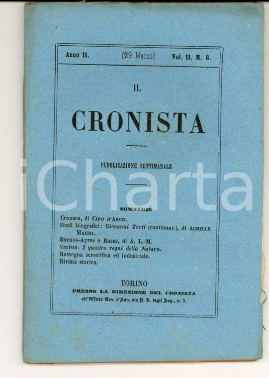 1857 IL CRONISTA Pubblicazione CIRO D'ARCO Buenos-Ayres e Rosas *Anno II n° 6