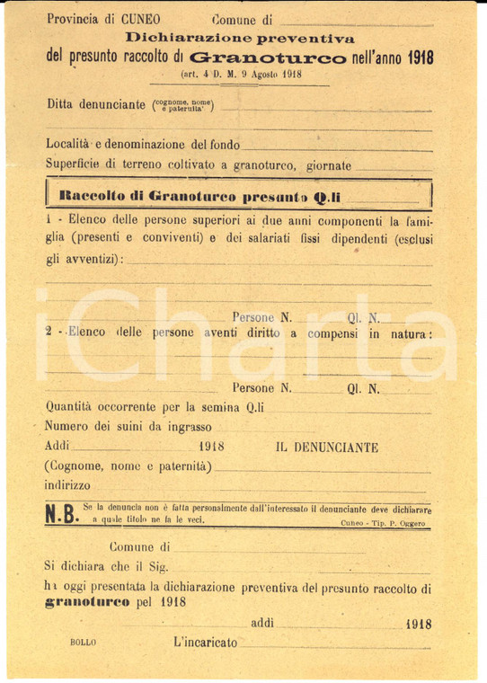 1918 Provincia di CUNEO Dichiarazione presunto raccolto di granoturco *Modulo