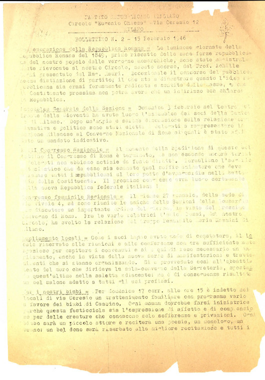 1946 PARTITO REPUBBLICANO MILANO Circolo Eugenio CHIESA"Bollettino n° 2"