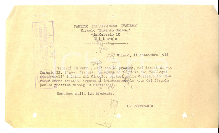 Settembre 1945 PARTITO REPUBBLICANO MILANO Circolo Eugenio CHIESA Colloqui"