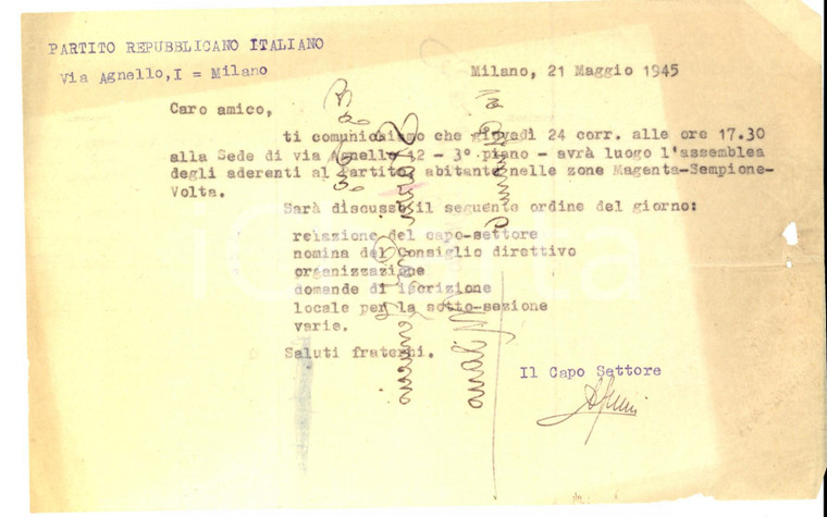 Maggio 1945 PARTITO REPUBBLICANO MILANO Circolo Eugenio CHIESA"Assemblea"