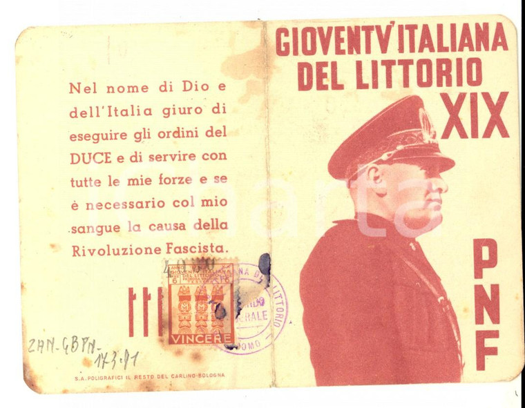 1941 PNF Fascio di COMO - Tessera GIL di Anna Maria GARAVAGLIA Giovane Italiana