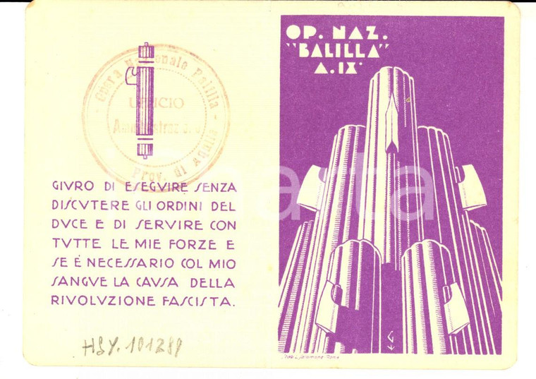 1931 ONB L'AQUILA Tessera del balilla Ferdinando EQUIZI
