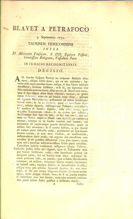 1732 TORINO Sentenza per fedecommesso pro avv. PANSOJA e casa della VOLTA ROSSA