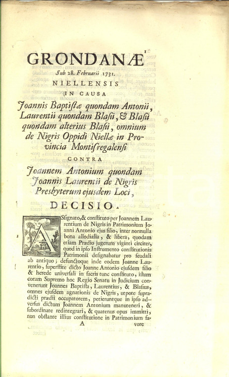 1731 NIELLA BELBO (CN) Sentenza per lite nobile famiglia DE NEGRI per eredità