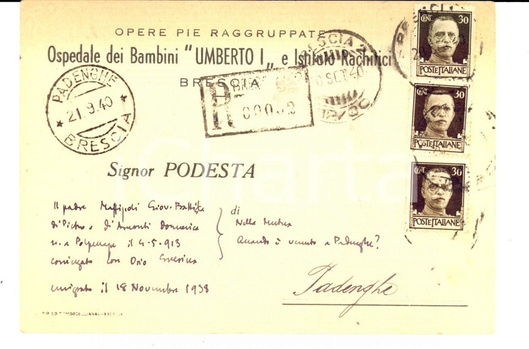 1940 BRESCIA Opere Pie Ospedale dei bambini UMBERTO I e Rachitici *Cartolina