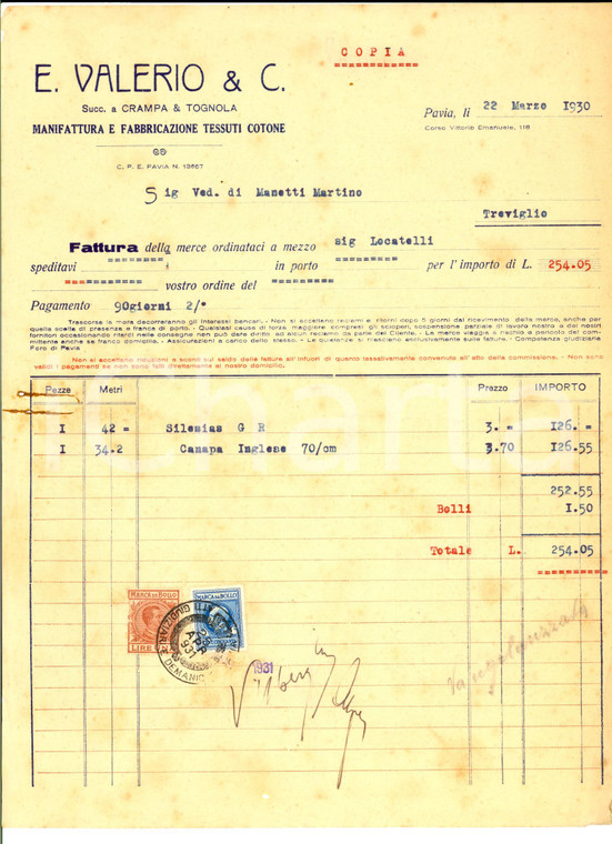 1930 PAVIA Ditta E. VALERIO Manifattura tessuti cotone *Fattura intestata