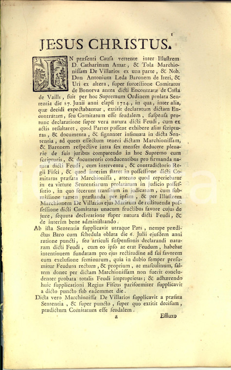 1730 ca BONORVA (SS) Lite donna Caterina AMAT TOLA e don Antonio LEDA per feudo