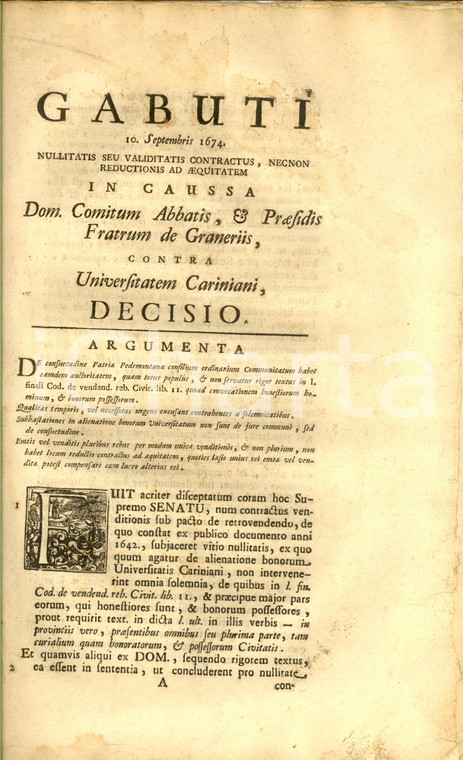 1674 TORINO Sentenza per lite conti GRANERI vs CARIGNANO per vendita beni