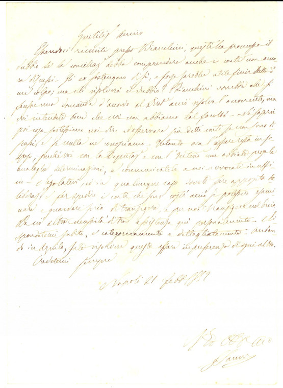 1852 NAPOLI Lettera all'intendente Luigi DE PASCALE per un affare in sospeso
