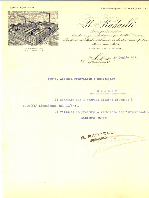 1933 MILANO Ditta R. RADAELLI Bronzi per illuminazione *Lettera su operaio