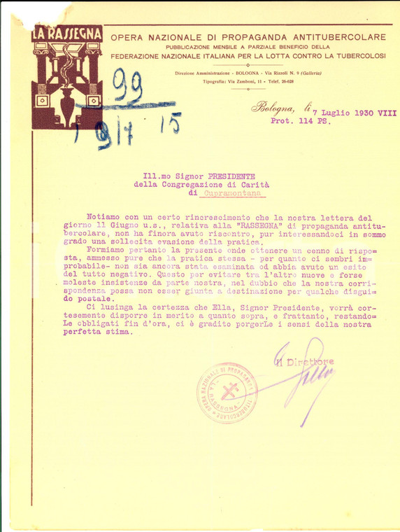 1930 BOLOGNA Opera Nazionale ANTITUBERCOLARE Lettera abbonamento LA RASSEGNA