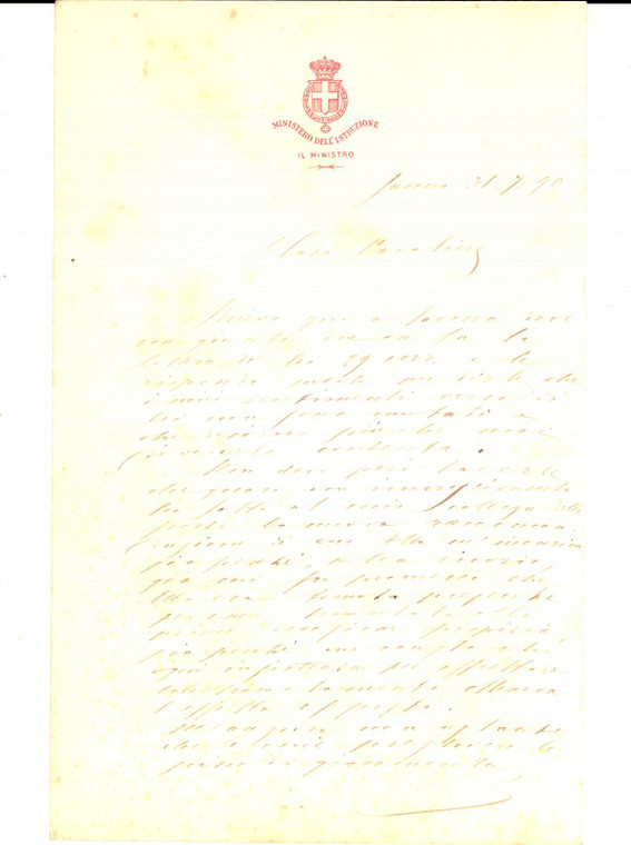 1890 SAVONA Ministro Istruzione Paolo BOSELLI conferma una raccomandazione