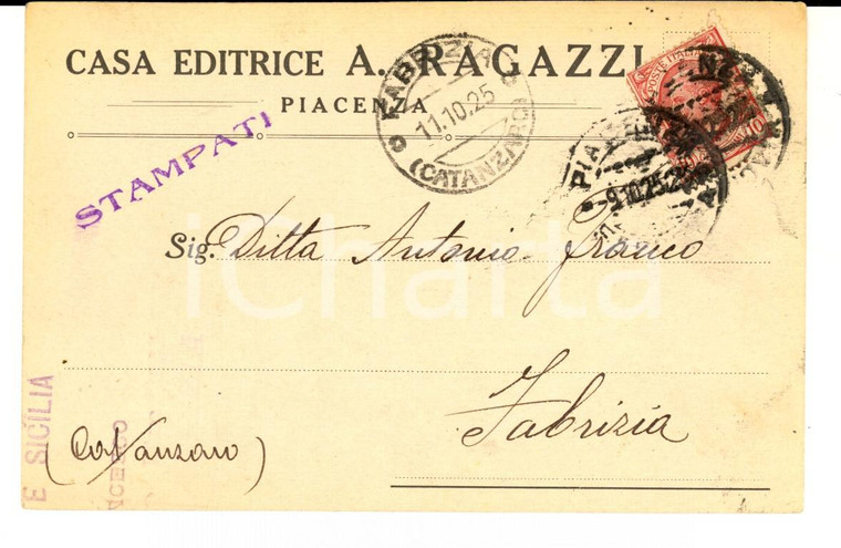 1925 PIACENZA Casa Editrice A. RAGAZZI  - Cartolina intestata per ordine FP VG