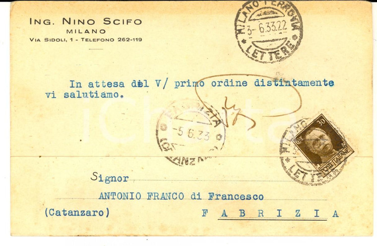 1933 MILANO Ing. Nino SCIFO Cartolina su invio apparecchio campione FP VG