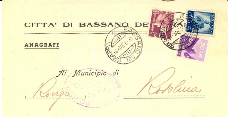 1949 BASSANO DEL GRAPPA STORIA POSTALE Busta L. 2 + L. 5 + L. 50