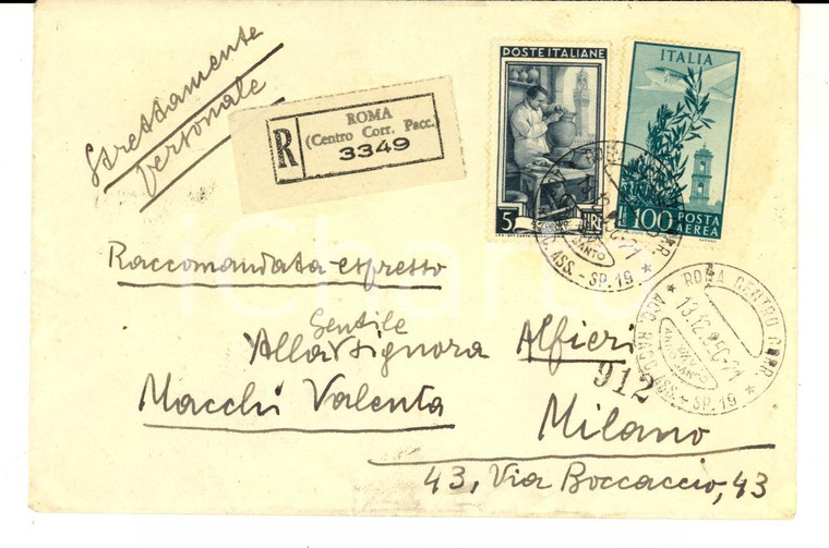 1950 STORIA POSTALE  REPUBBLICA Raccomandata Lire 5 + L. 100 POSTA AEREA