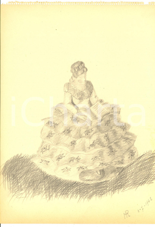 1942 ARTE Ritratto di dama in lettura *Disegno a matita FIRMATO 23x31 cm