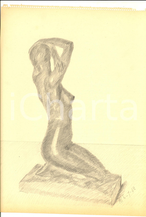 1942 ARTE Statuetta di nudo femminile seduto *Disegno a matita FIRMATO 23x31 cm